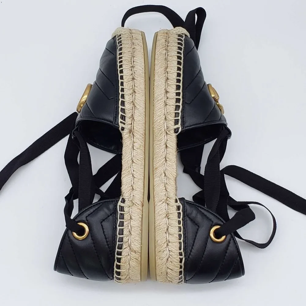 Authentic Gucci GG Marmont Espadrille Sandals Black Leather Gold Logo Brand New - Picture 5 of 13